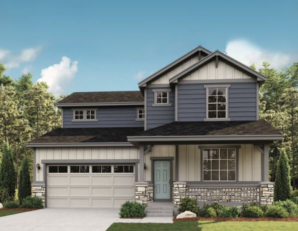 Exterior rendering of a two-story Dream Finders Homes home with deep blue siding and stone front porch