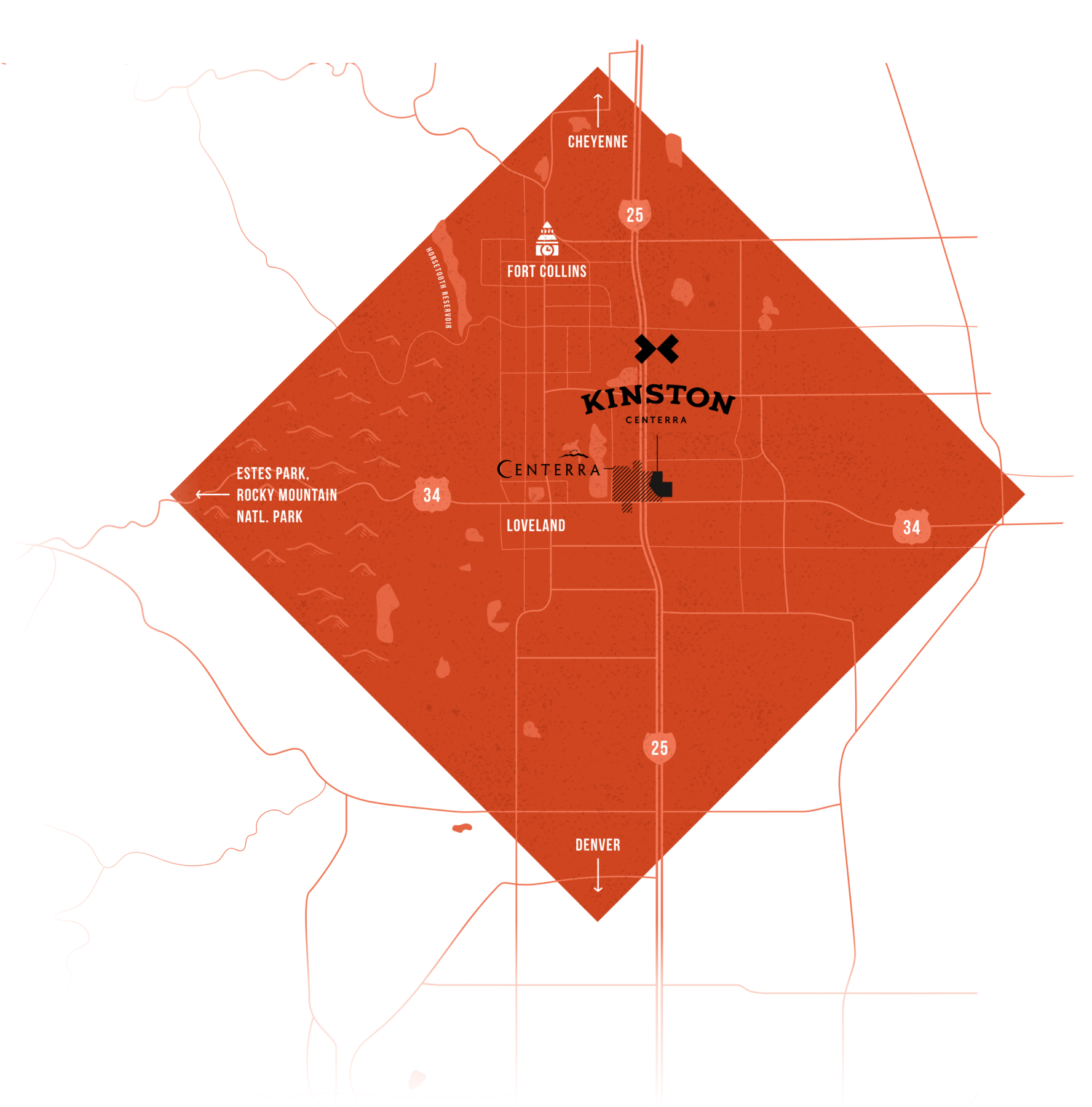 Illustrated regional map of Northern Colorado, showing Kinston and it's location within Centerra in Loveland and close proximity to Denver and Fort Collins