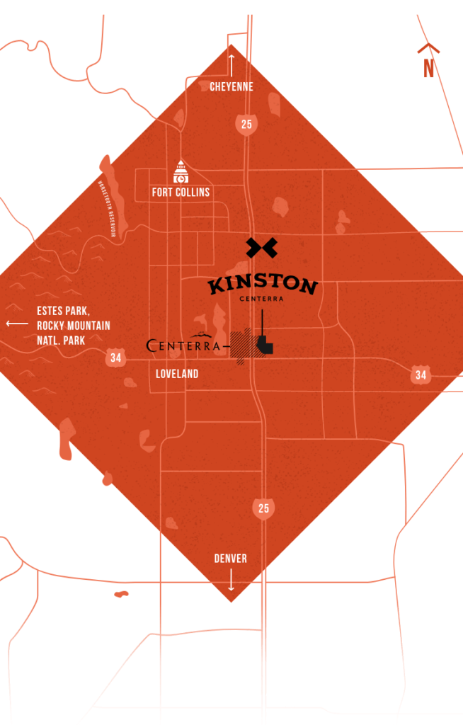 Illustrated regional map of Northern Colorado, showing Kinston and it's location within Centerra in Loveland and close proximity to Denver and Fort Collins