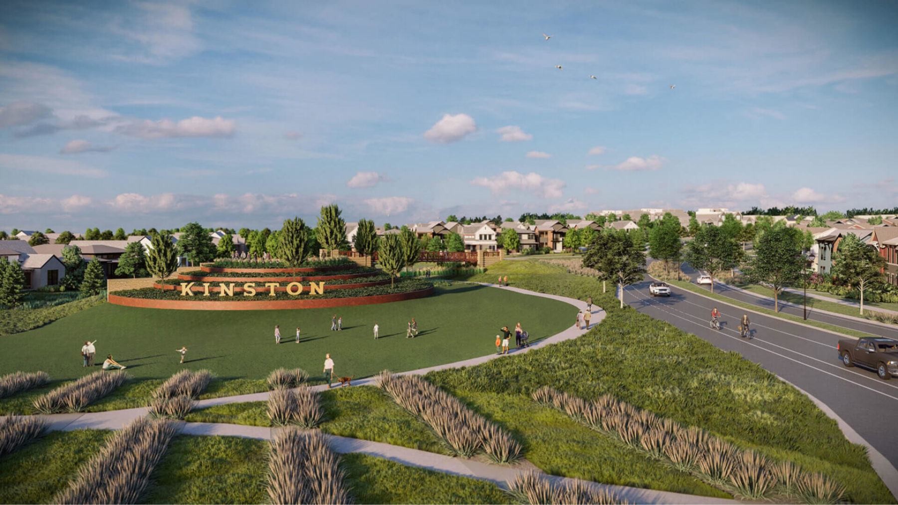 Aerial rendering of Roundtop Park, the centrally located large greenspace in Kinston for residents to enjoy