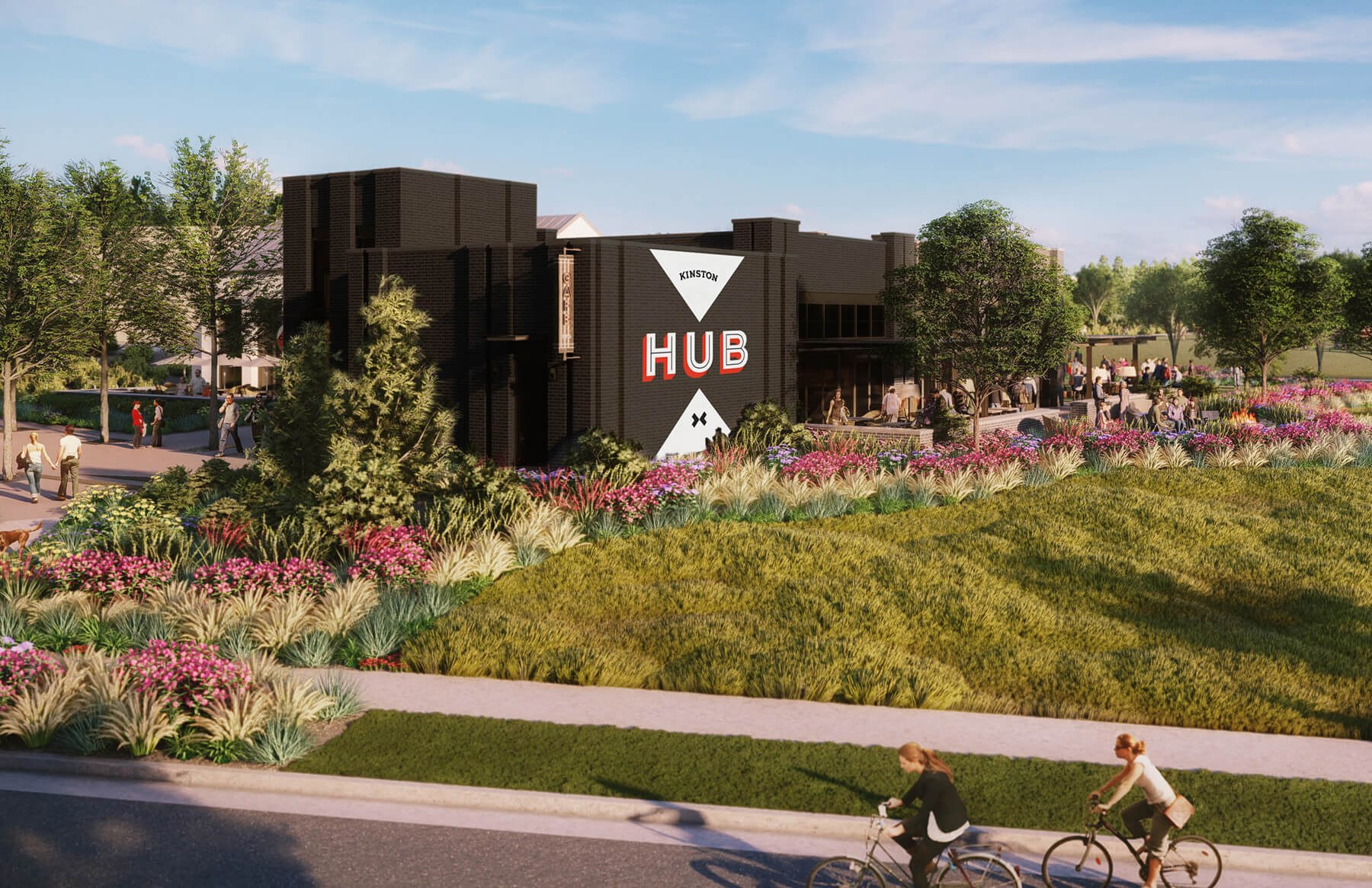 Exterior rendering of the community's welcome center, Kinston Hub, showcasing a mural painted on the side, nice landscaping and people riding bikes