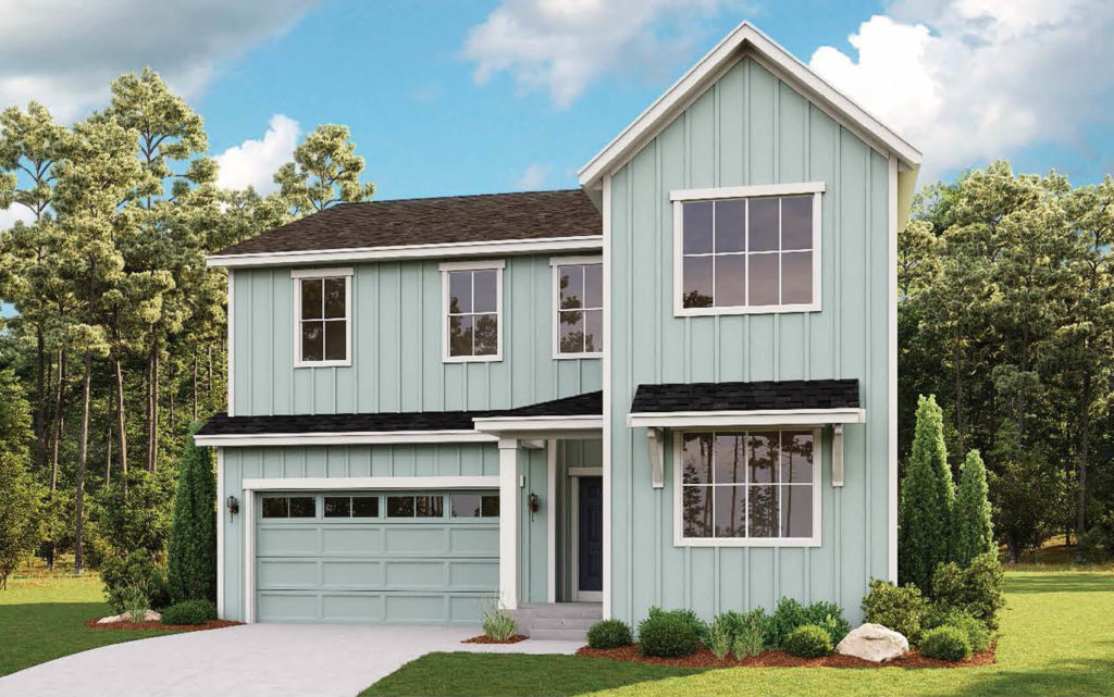 Light blue farmhouse style rendering of a single-family home coming soon to Kinston in Loveland, Colorado