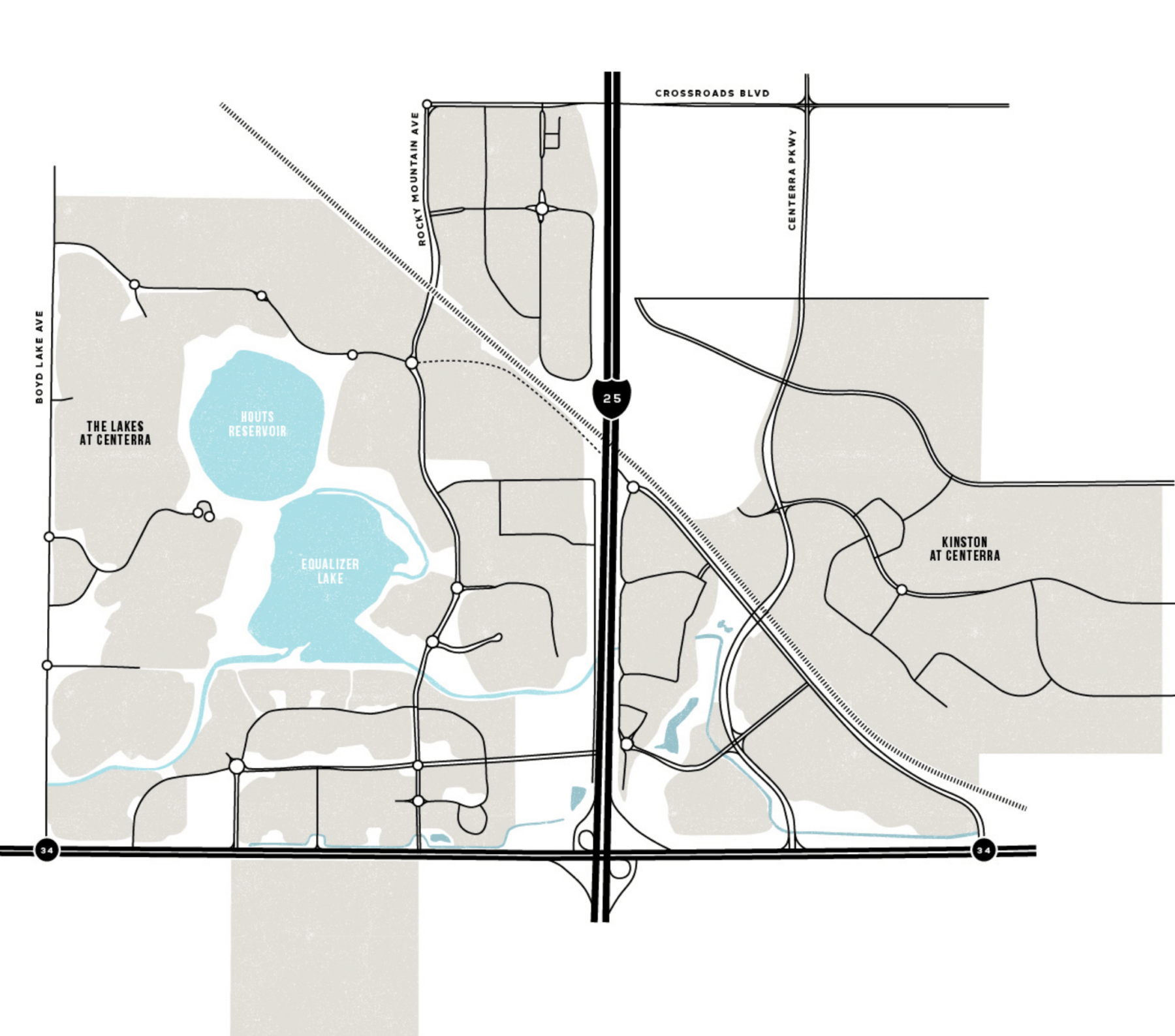 Centerra is comprised of Kinston and The Lakes, and is home to Houts Reservoir and Equalizer Lake