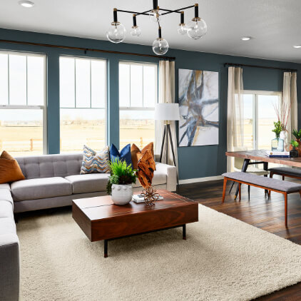 Contemporary living room with large windows that fill the room with natural light