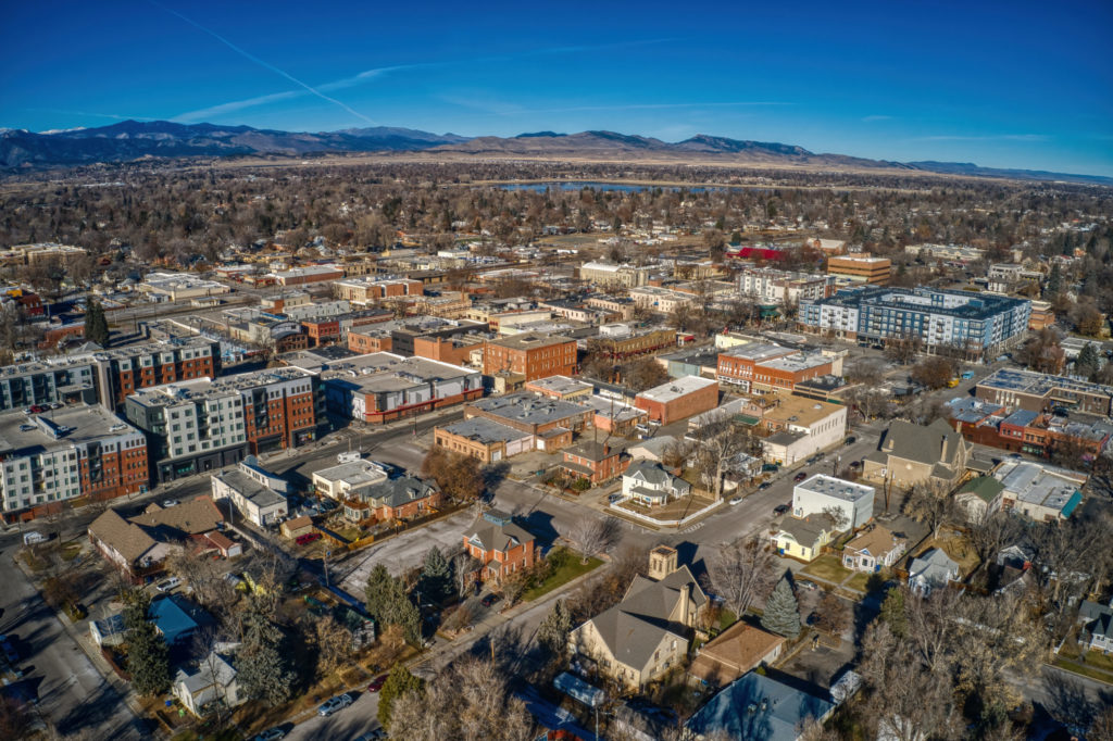 Aerial photo of downtown Loveland, Colorado filled with excellent shopping, dining and entertainment options just a short drive from Kinston