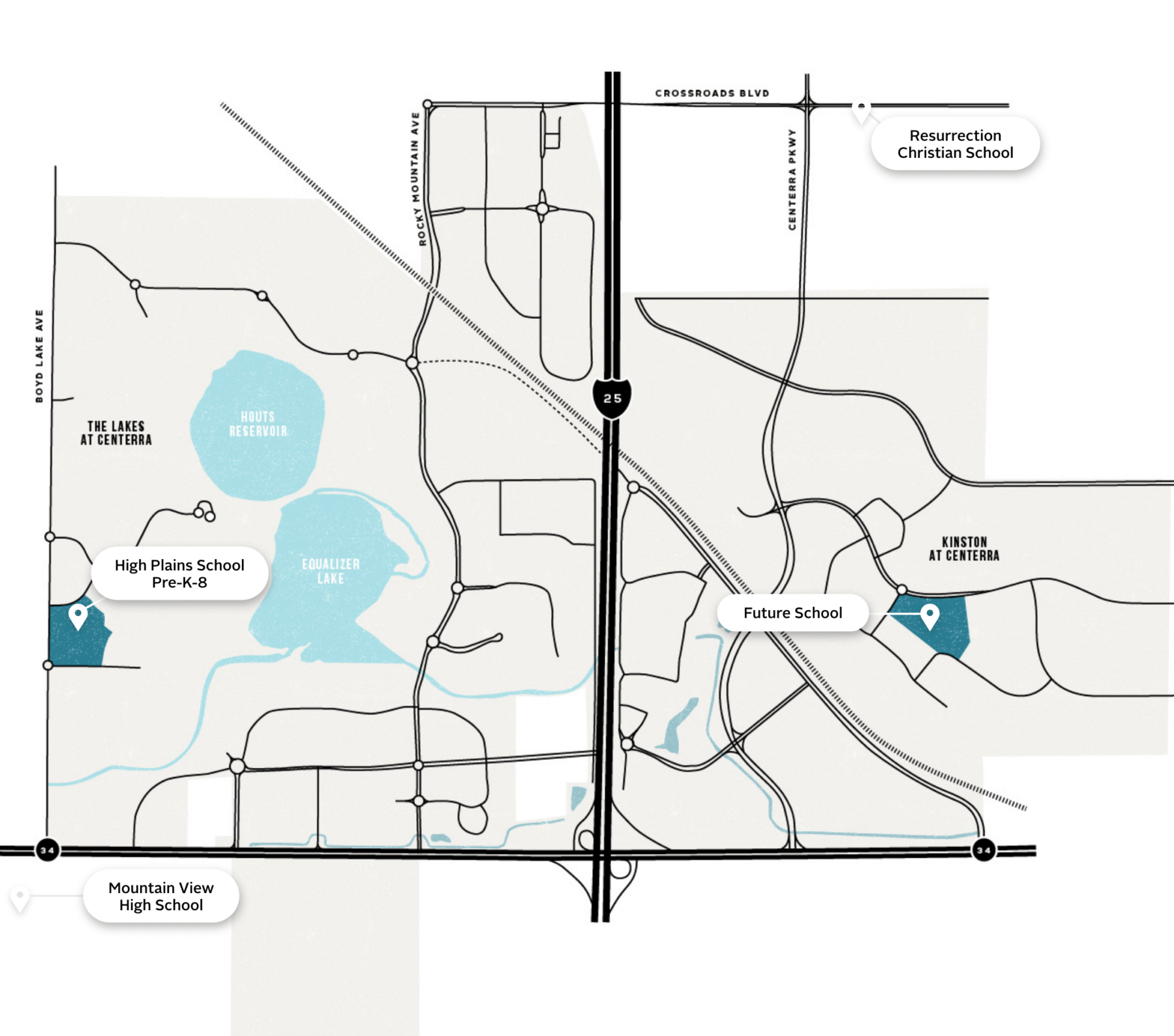 High Plains School is located in Centerra and there is a future school planned to be built in the Kinston community