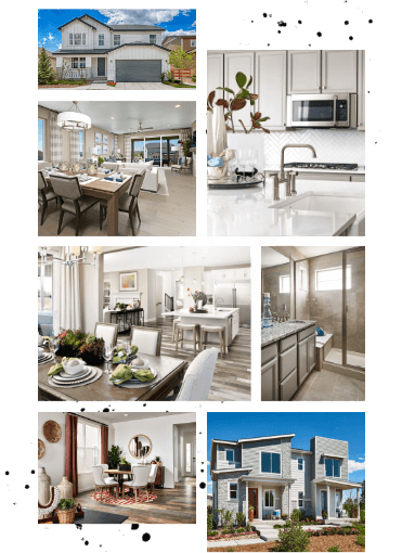 Collage of the highly-designed kitchens, dining rooms, bathrooms and homes available in Loveland, Colorado in the Kinston community