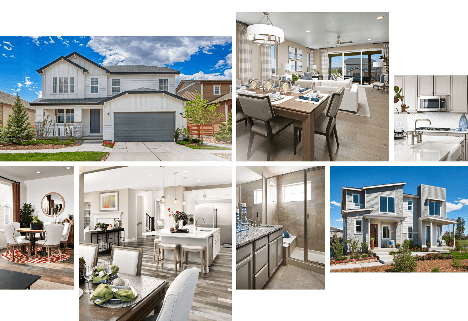 Collage of the highly-designed kitchens, dining rooms, bathrooms and homes available in Loveland, Colorado in the Kinston community