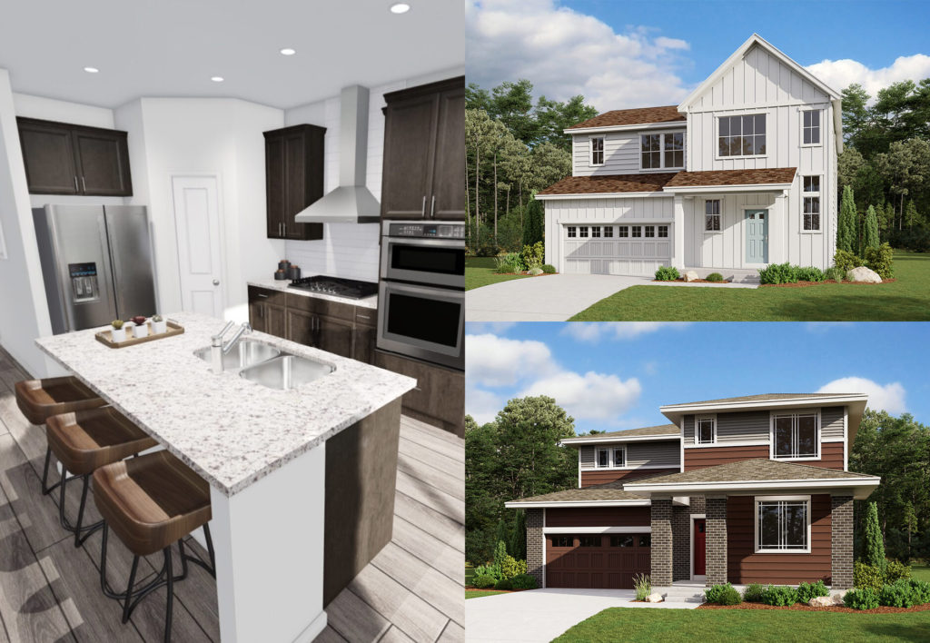 Three different renderings of a kitchen and dining area.