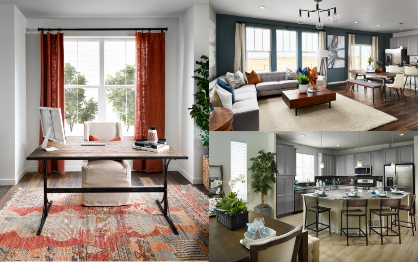 Collage of three interior home images featuring a living room, office, and open kitchen with large island.