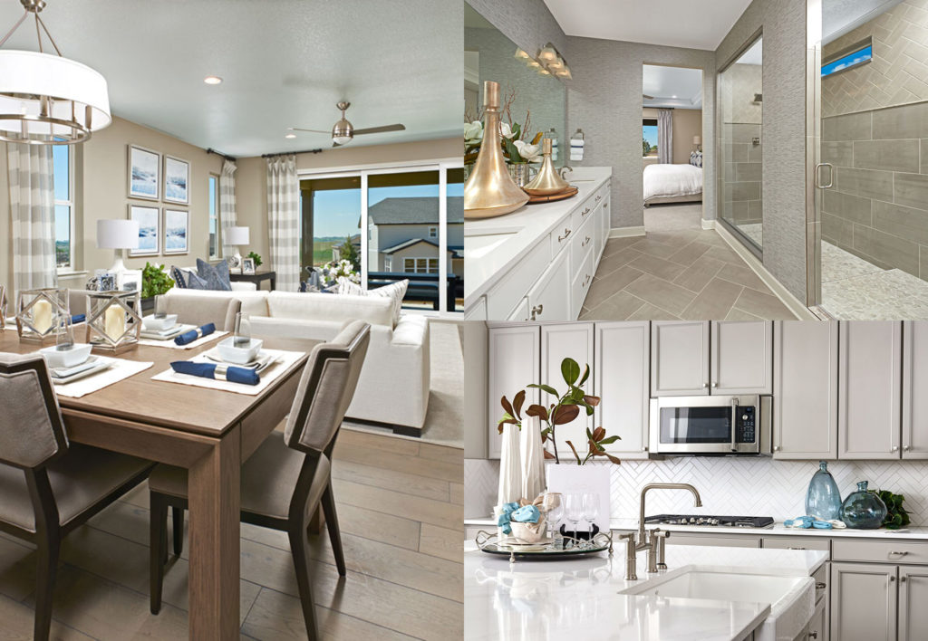Collage of three interior homes images featuring a master bathroom with large shower, a dining room/living room, and kitchen with island.