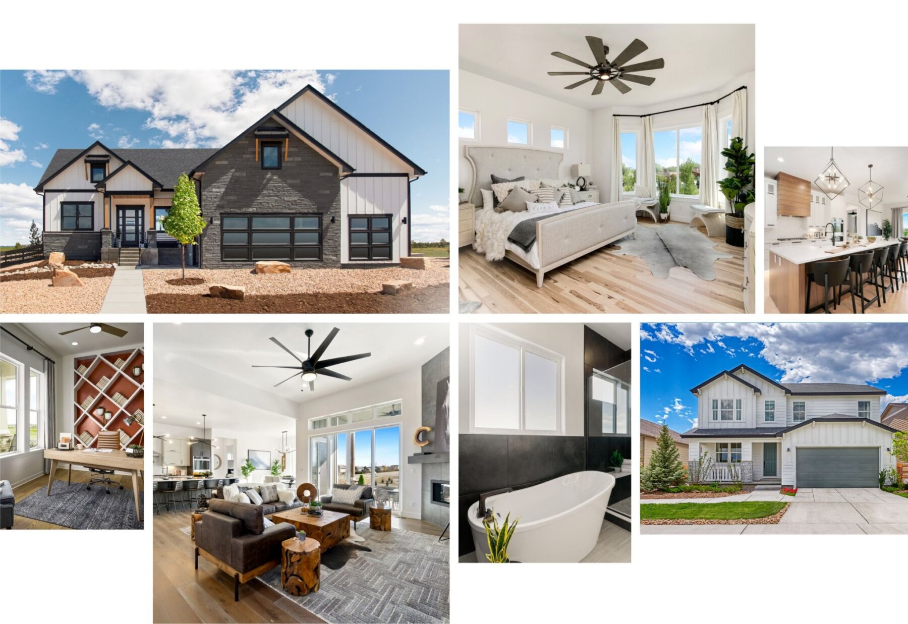 Explore a collage of modern home interiors and exteriors at Kinston at Centerra, showcasing bedrooms, kitchens, living rooms, and bathrooms with contemporary decor and architecture. Discover the essence of model homes Loveland through this captivating display.