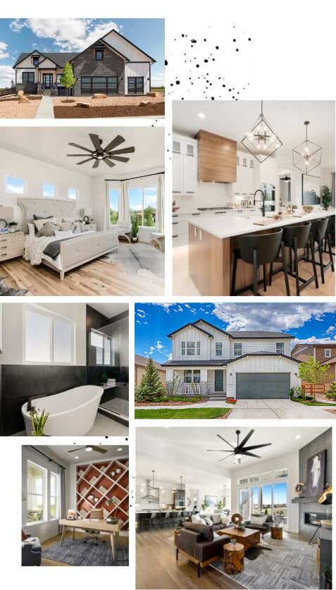 Collage of modern home interiors and exteriors at Kinston at Centerra, featuring living areas, a kitchen, bathroom, bedroom, and two different house façades.