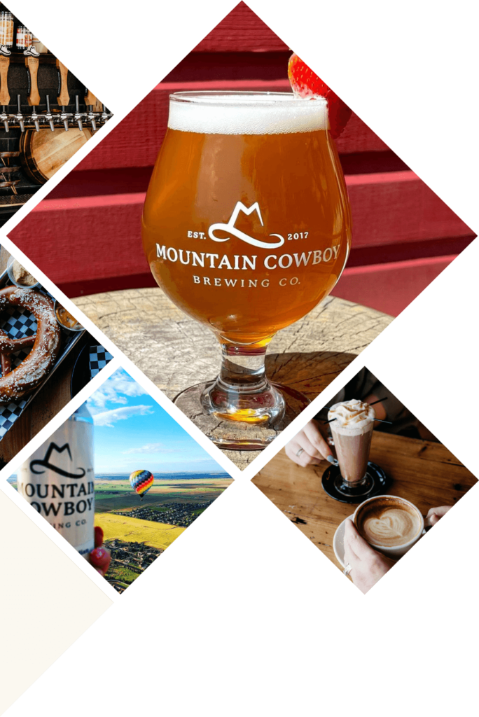 Collage of Mountain Cowboy Brewing Company’s various menu items, from a cold, crisp local beer on tap to an iced coffee made in-house