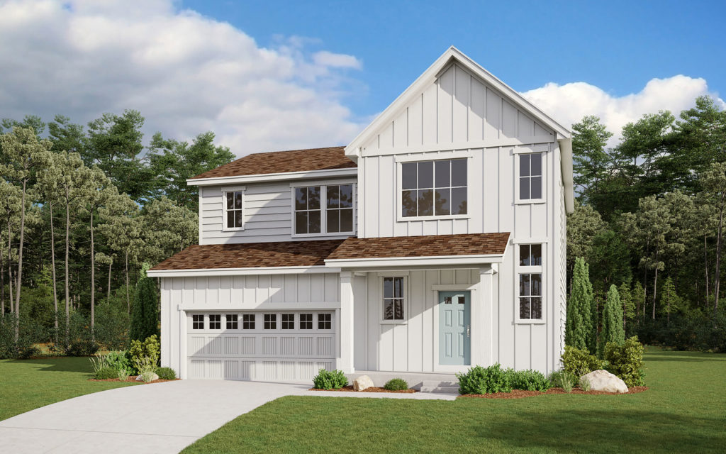 A rendering of a two - story home with a garage.