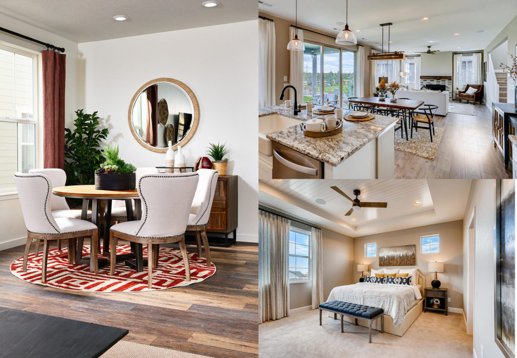 A collage of photos showing a kitchen, dining room and living room.