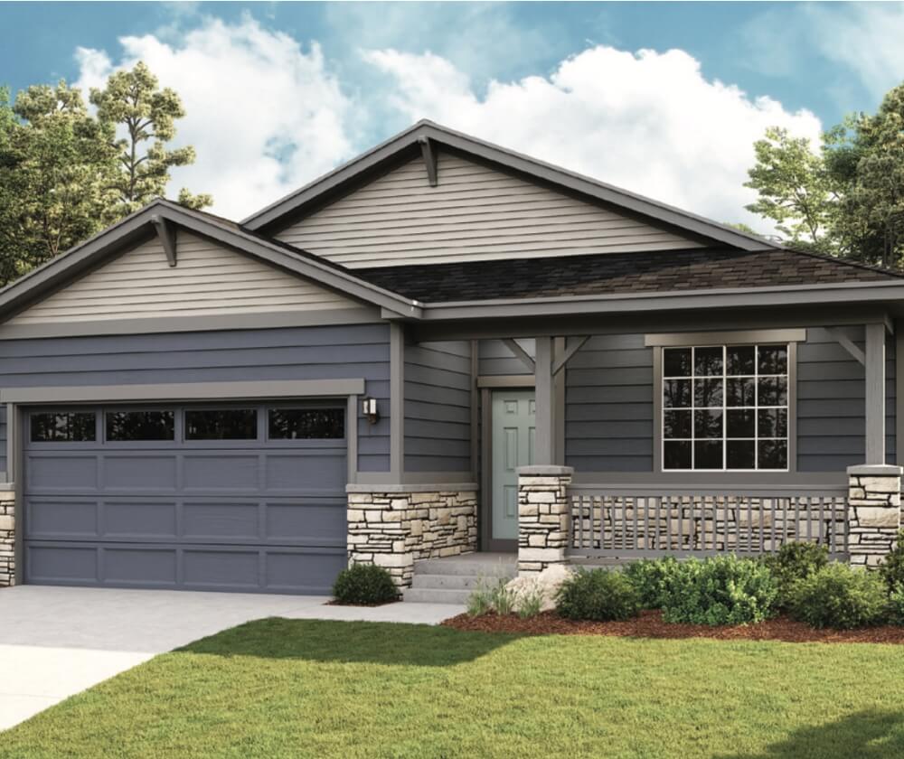 A rendering of a home with gray siding and a garage.