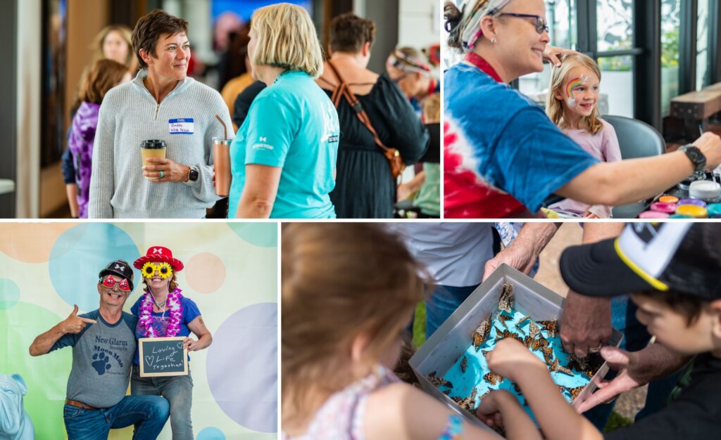 Collage of activities at Hubbub at the Hub, including photobooth and butterfly release