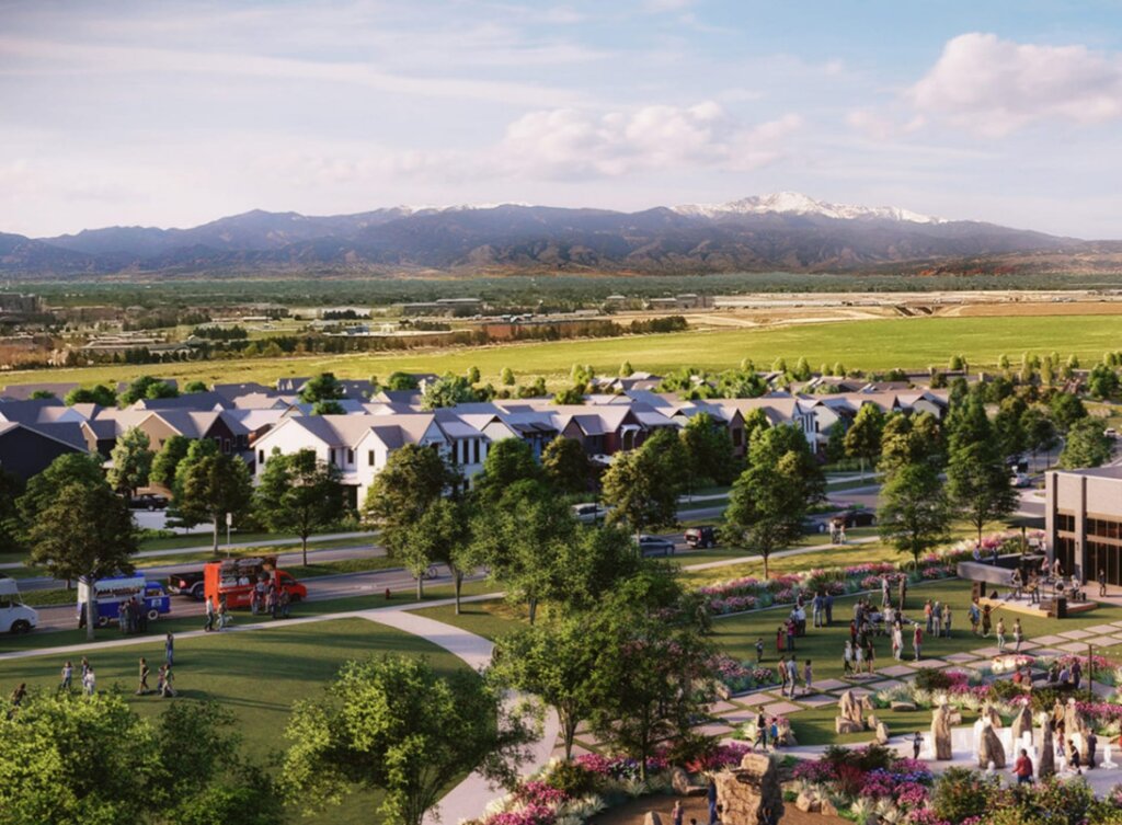 An artist's rendering of a park with trees and mountains in the background.