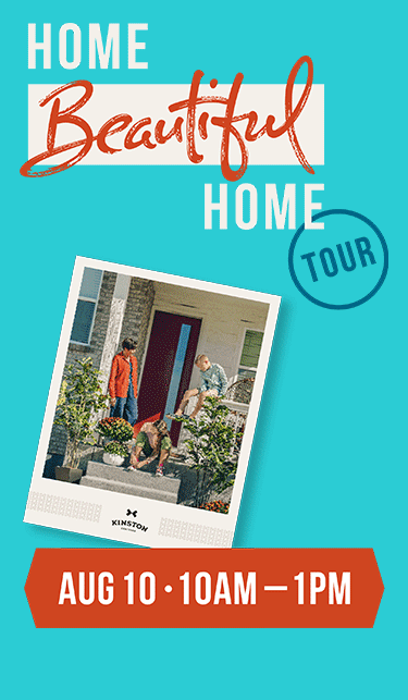 Join us for a home tour event on August 10, from 10 AM to 1 PM, at Kinston at Centerra. Discover stunning homes and enjoy the scenic surroundings. The poster features a captivating photo of a house entrance, perfectly setting the scene for your visit. Don't miss out!.
