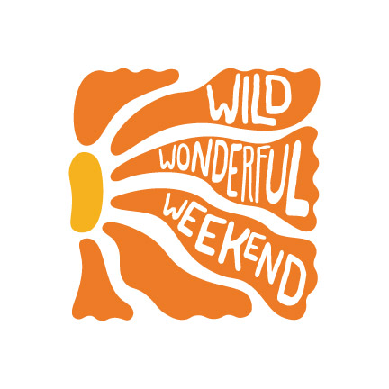 Orange and yellow graphic with wavy text reading "Wild Wonderful Weekend," capturing the vibrant spirit of Kinston at Centerra. Explore delicious flavors at Centerra restaurants or unwind with a crafted brew from Mountain Cowboy Brewing to make your weekend truly unforgettable.