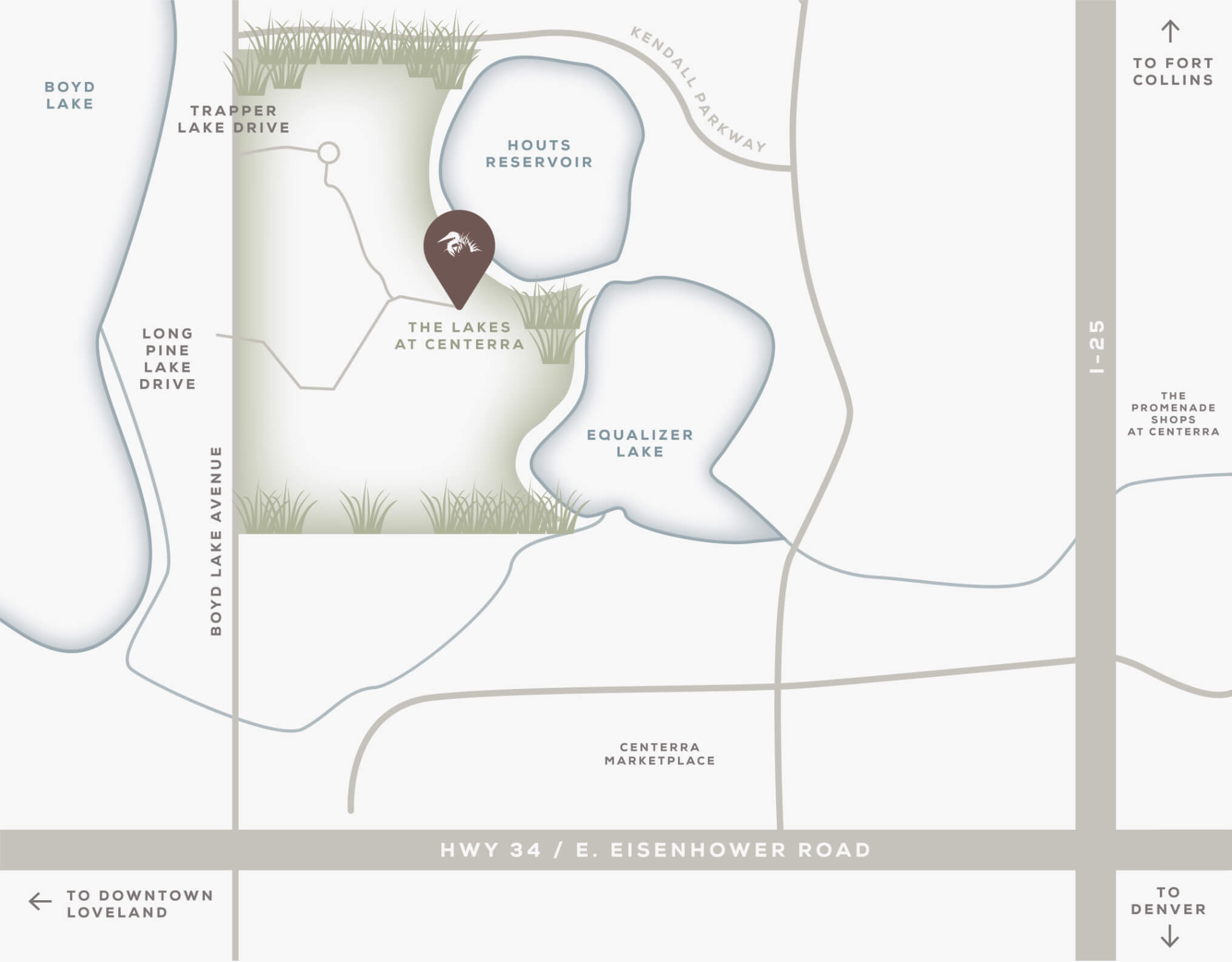 A map displaying the location of a lake and pond in Loveland, Northern Colorado.