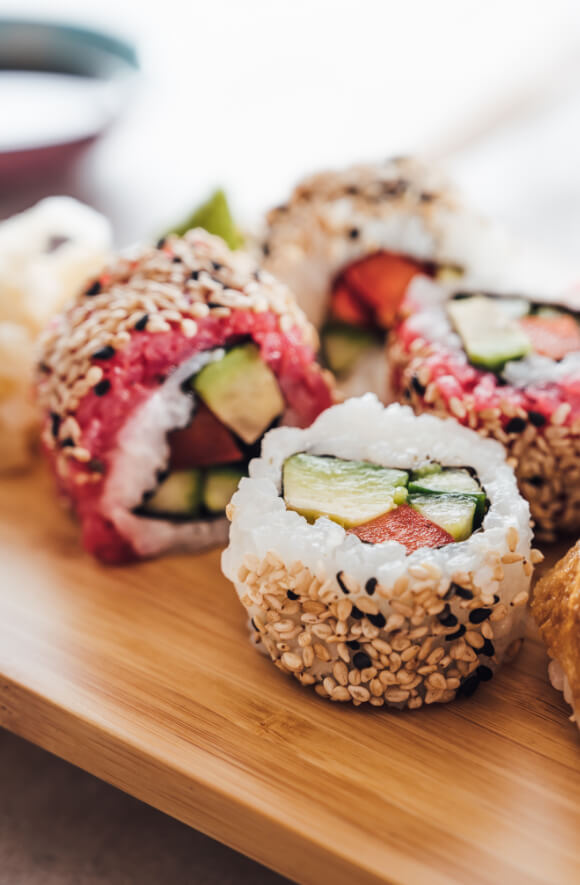 upclose image of sushi roll