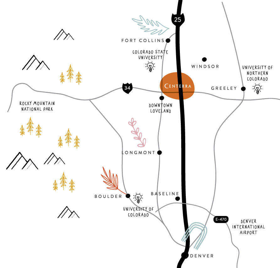 Map of Centerra's location in relation to I-25