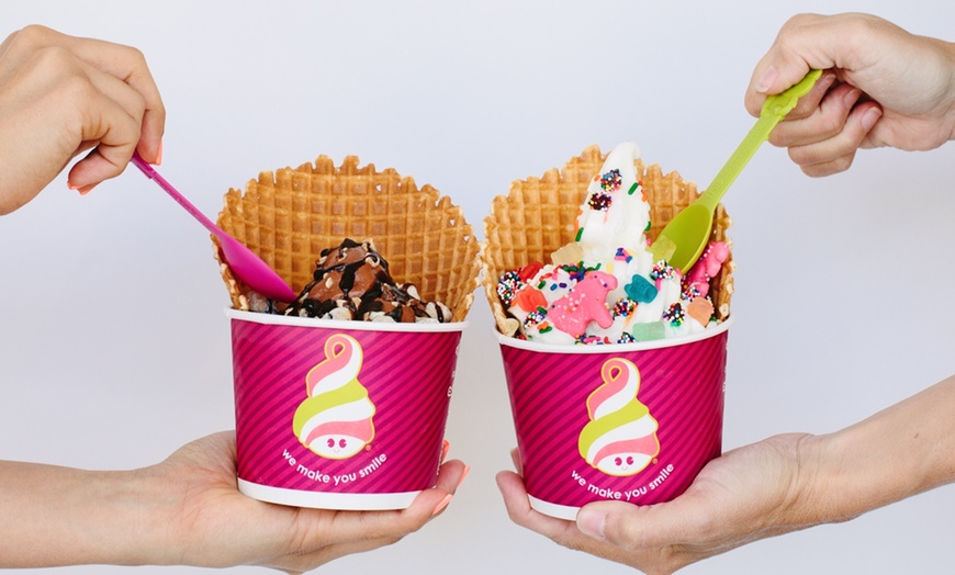 Image of 2 bowls of frozen yogurt with toppings and waffle cones