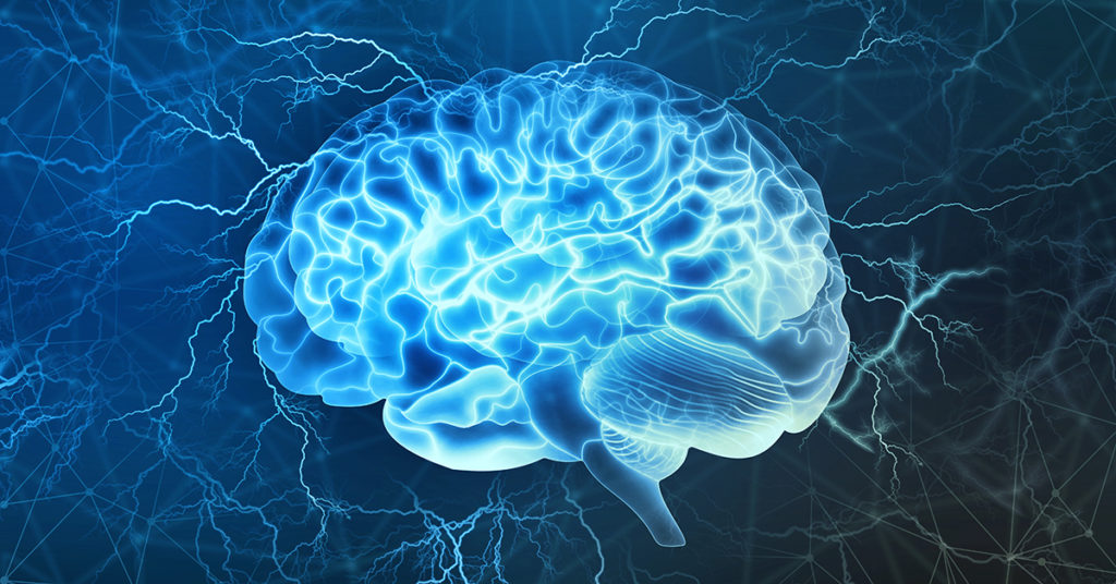 Human brain digital illustration. Electrical activity, flashes and lightning on a blue background.