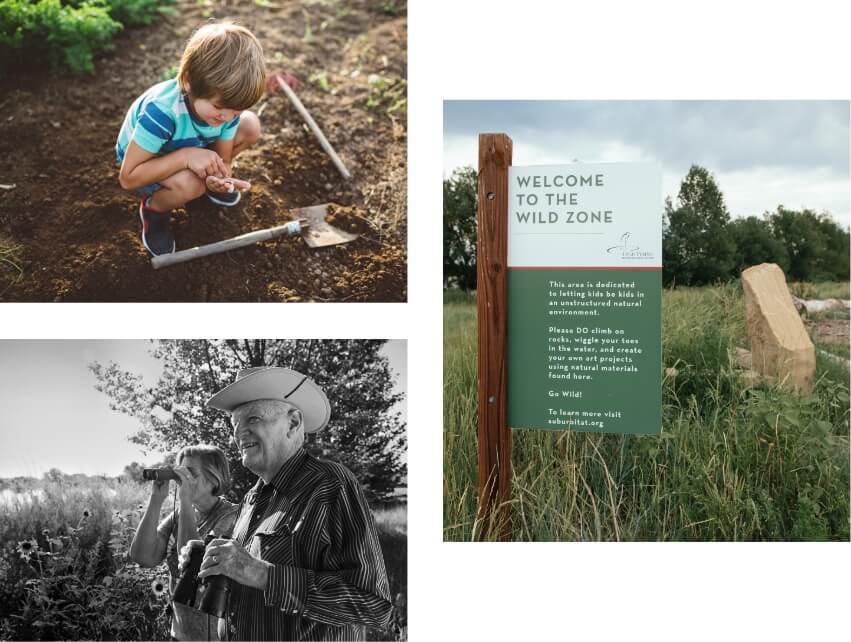 Collage of images of a couple birdwathcing, a boy playing in the dirt with a shovel, and The Wild Zone sign