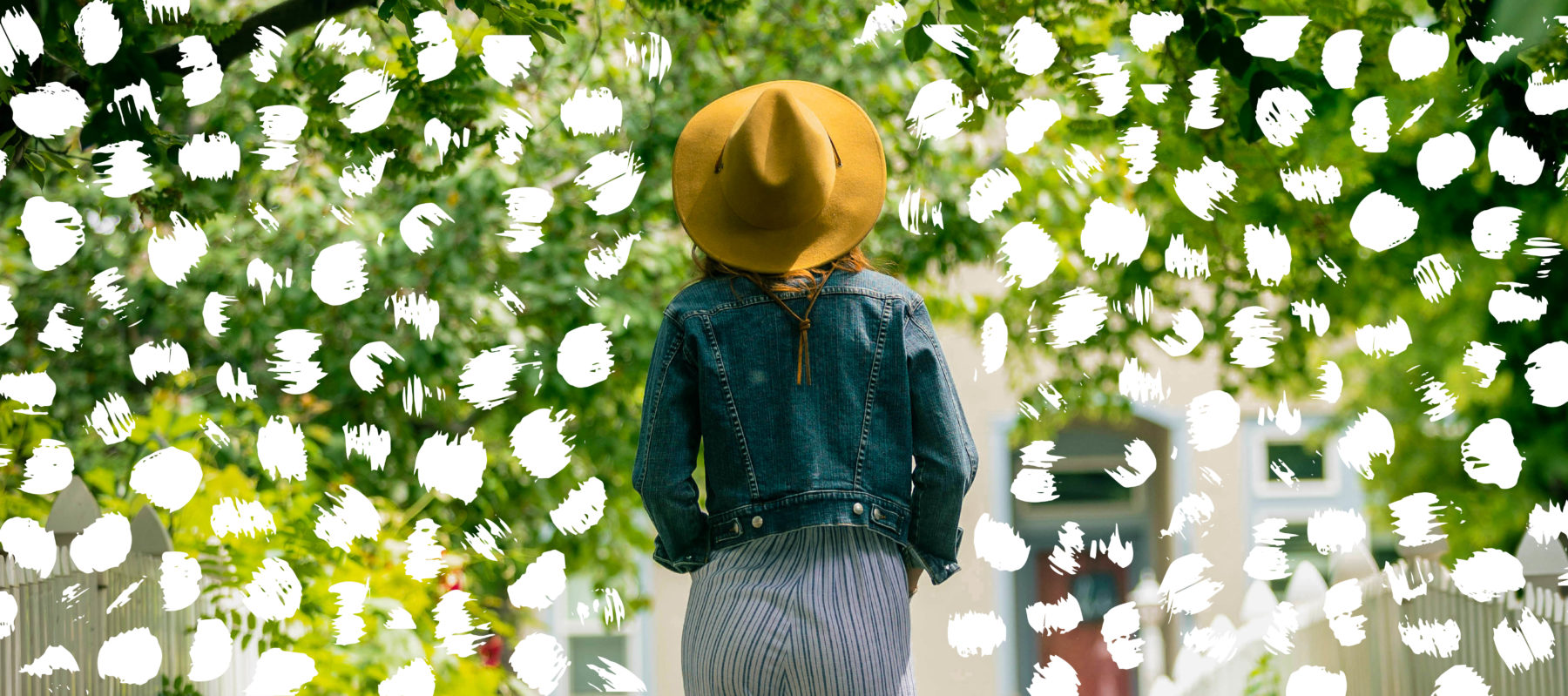 Image of woman walking with illustrated polka dots around her