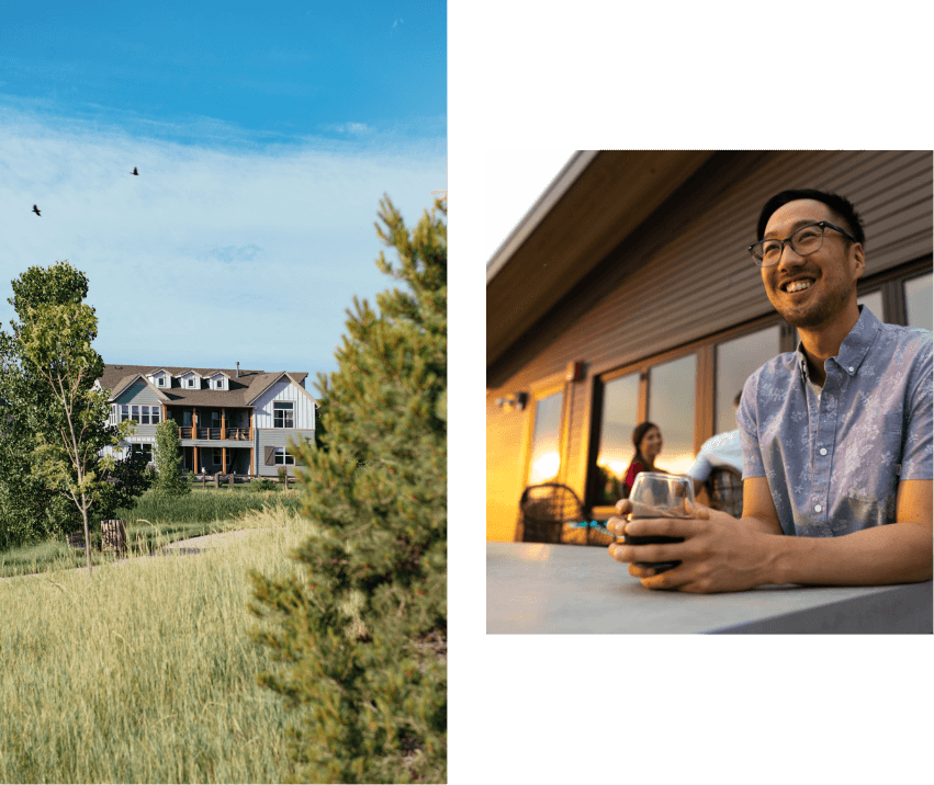 Collage of a image of a home and an image of a man sitting outside with a glass of wine