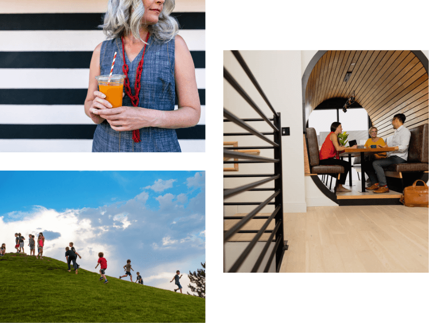 A collage of pictures of people on a grassy hill in Loveland.