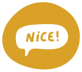 A yellow circle with a speech bubble that says nice.