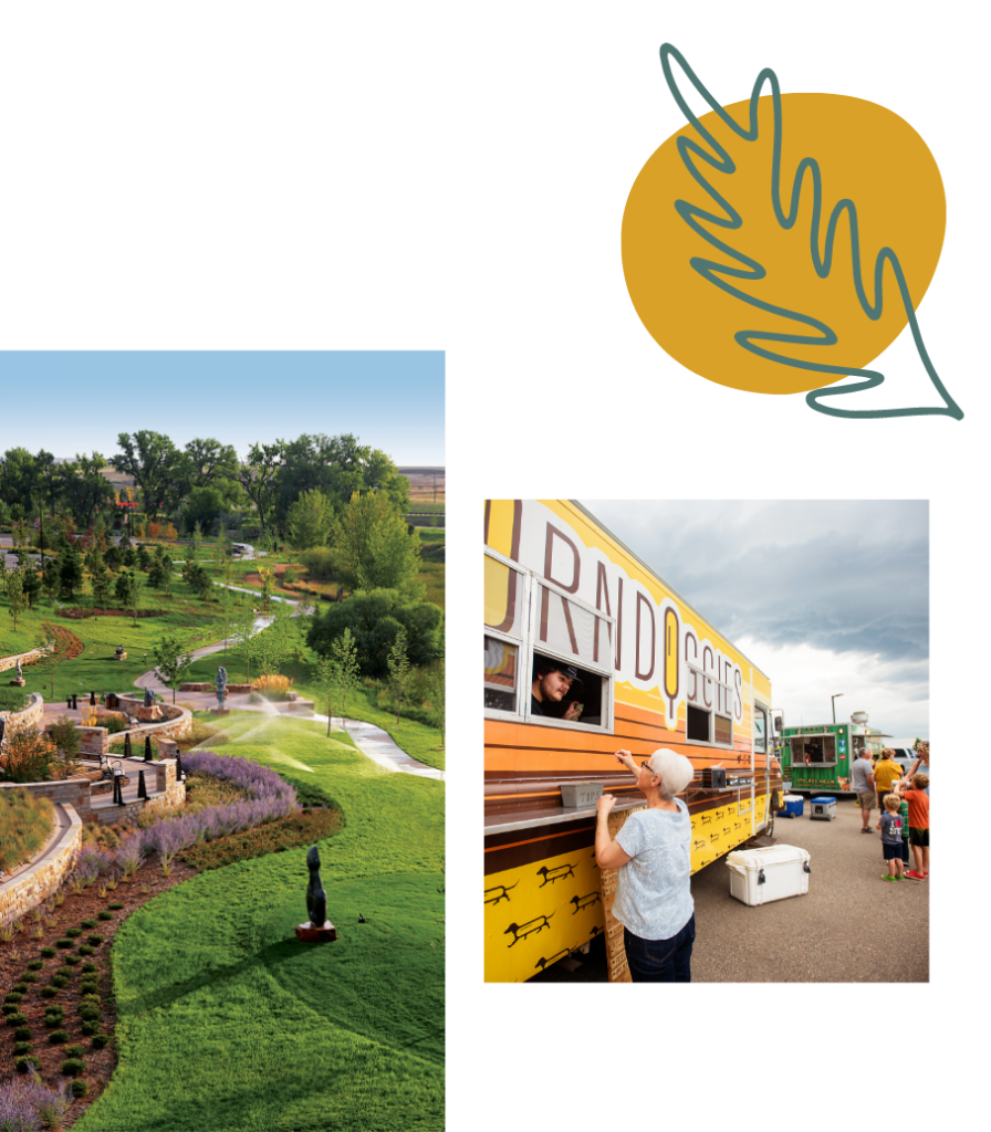 Two pictures of a park with a food truck serving delicious dining options.