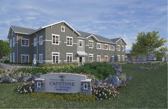 A rendering of the entrance to a new apartment complex designed with dining options and certified wild surroundings.