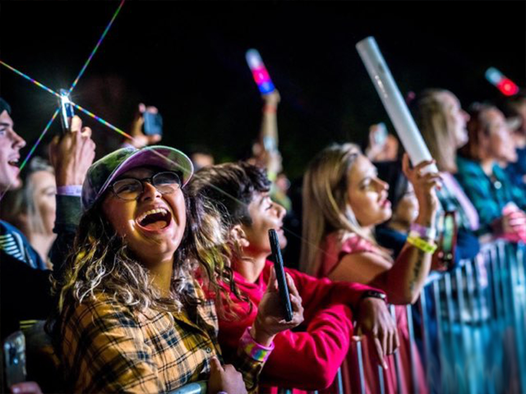 Crowd of concert goers singing and waving light sticks at American Authors concert for Wild Wonderful Weekend