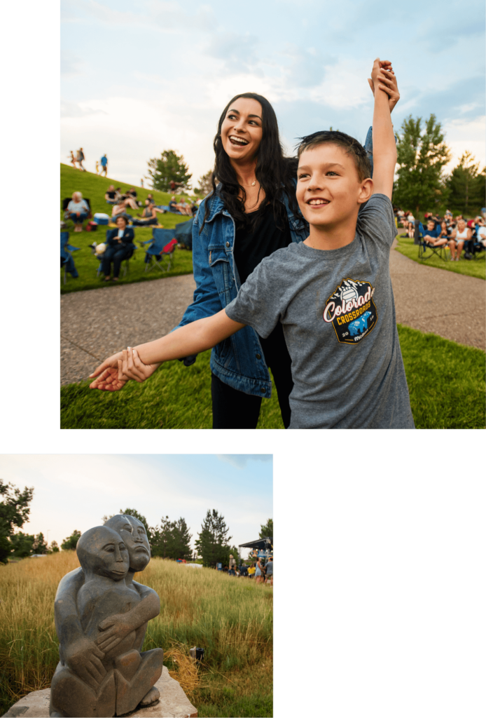 Two pictures of a woman and a boy in front of a statue in Loveland.