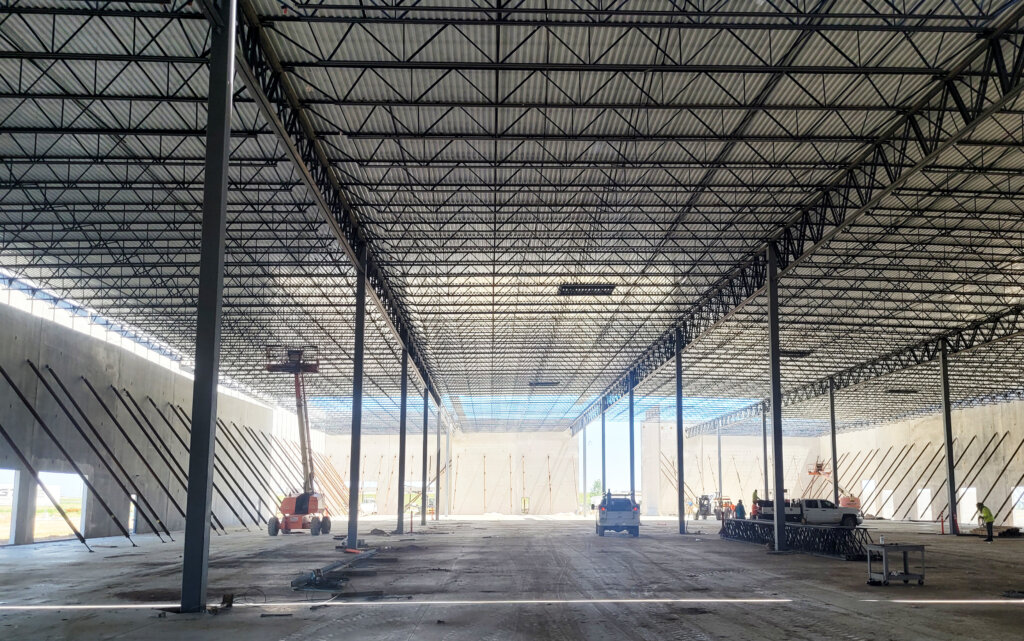The inside of a large warehouse under construction in Northern Colorado.