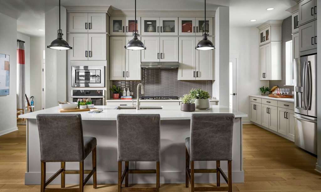 kitchen with light gray cabinets