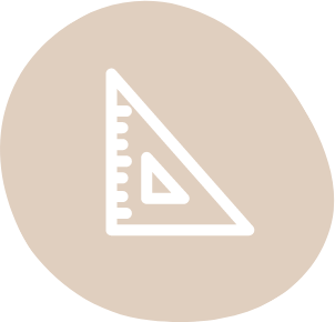 Icon of a white triangular ruler on a beige, irregular-shaped background, representing the precision and planning behind new homes in Centerra, Loveland Colorado.