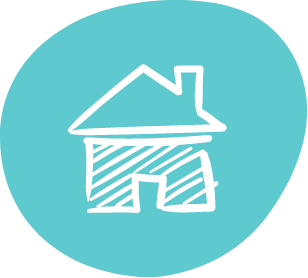 Simple, childlike white drawing of a house with a chimney graces the teal circular background, reminiscent of the enchanting new homes found in Centerra, Loveland Colorado.
