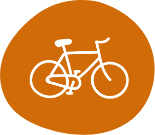 A white bicycle icon on an orange, irregularly-shaped background represents the vibrant community and opportunity for new homes in Loveland, Colorado's Centerra area.