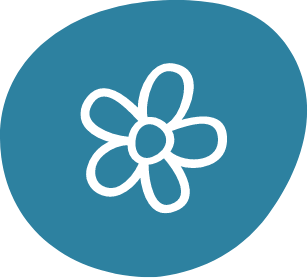 A simple line drawing of a five-petaled flower graces the blue, irregularly shaped background, reminiscent of the blossoming beauty found in Loveland, Colorado’s Centerra community.