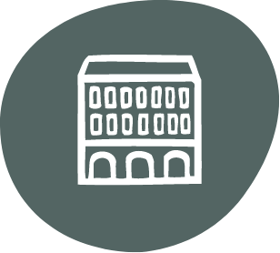 Simple, hand-drawn white outline of a four-story building with three arches at the base on a grayish-green oval background, evoking the charm of new homes in Centerra, Loveland Colorado.