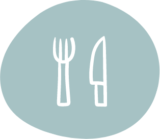 Icon of a fork and knife on a light blue background, representing dining options near the new homes in Centerra, Loveland Colorado.