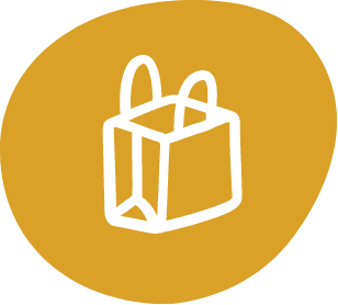 A white outline of a shopping bag is depicted on a yellow background, reflecting the vibrant spirit of Centerra in Loveland, Colorado.