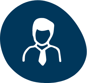 Icon of a person in a suit and tie on a dark blue oval background, set against the welcoming landscape of Loveland, Colorado's Centerra.