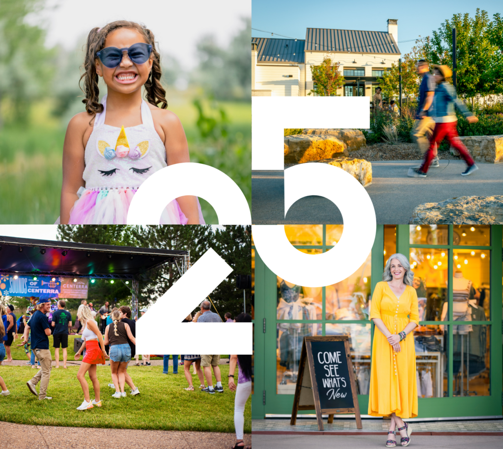 A collage of four photos: a smiling girl wearing glasses, pedestrians on a street, a group at an outdoor event, and a woman in a yellow dress. Center text reads: "Let's keep a good thing growing in Centerra, Loveland Colorado.